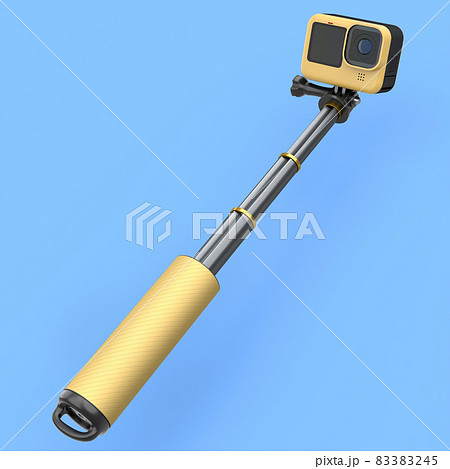 Photo and video lightweight yellow action camera with selfie stick on blue 83383245