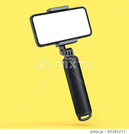Realistic smartphone with blank white screen and selfie stick isolated on yellow 83383271