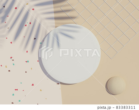 3d render top view of white blank cylinder frame for mock up and display products with shadows of palm leaves, earth tone, and terrazzo wall background. Creative idea concept. 3d render top view of white blank cylinder frame for mock up and display products with shadows of palm leaves, earth tone, and terrazzo wall background. Creative idea concept. 83383311