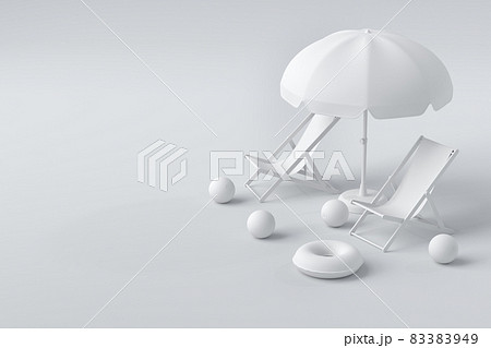 Beach chair with umbrella and beach ball on monochrome background. 3D render of summer vacation concept 83383949