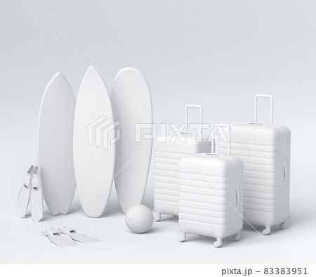 Suitcase with beach ball and surf board on monochrome background. 3D render of summer vacation concept and holidays 83383951