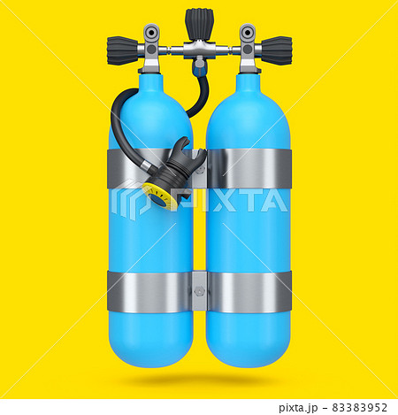 Blue diving tanks or balloons full oxygen for snorkeling isolated on a yellow background. 3d render of scuba diving and sport equipment for summer holidays 83383952