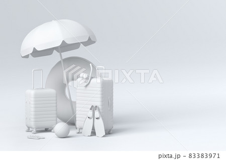 Suitcase with beach umbrella and inflatable ring on monochrome background. 3D render of summer vacation concept and holidays 83383971