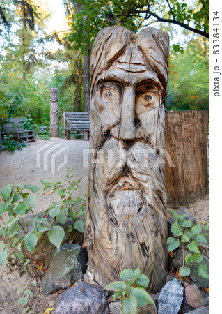An ancient wooden statue of an idol carved from a solid tree trunk. Public object. 83384134