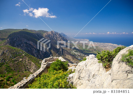 Kyrenia Girne mountains and town from medieval castle, Northern Cyprus 83384851