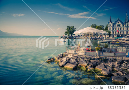 Vevey-Marche on stone shore of Lake Leman Geneva in Vevey, Switzerland 83385585