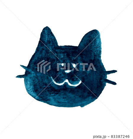 手描き水彩イラスト素材 ゆるい かわいい猫の顔 黒猫 のイラスト素材