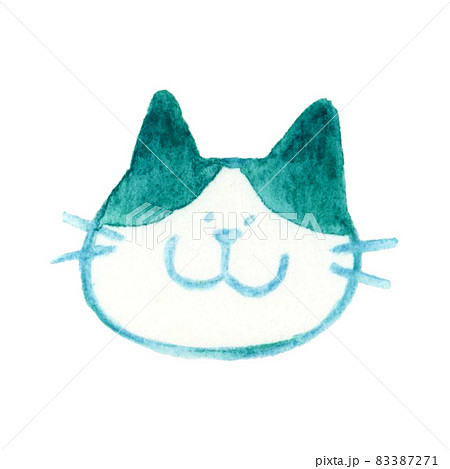 手描き水彩イラスト素材 ゆるい かわいい猫の顔 ぶち猫 ハチワレ猫 のイラスト素材