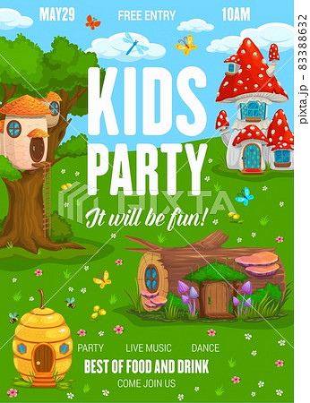 Kids party flyer with fairy fantasy houses and dwellings of gnomes. Children picnic garden party and holiday entertainment vector poster with dwarf fairy nest and mushroom, log and beehive homes 83388632