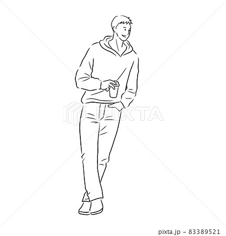 カウンターに持たれてコーヒーを飲む男性のイラスト 白背景 ベクター 切り抜き 線画 のイラスト素材 3521