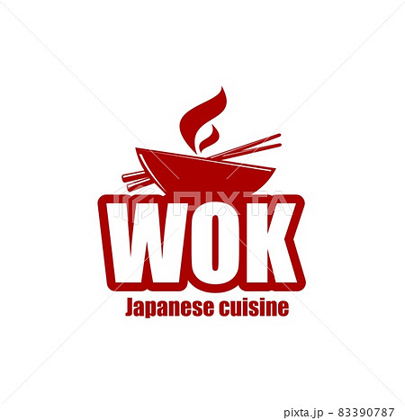Wok icon. Chinese and japanese cuisine wok with steam. Asian cuisine restaurant, cafe of fast food bistro vector label, emblem or icon with oriental wok pan or cooking pot, bamboo chopsticks and vapor 83390787
