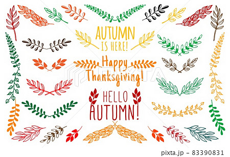 Autumn leaves and floral elements. Flourish dividers, ornate borders or separators, vector botanical decorations or outline embellish set with trees foliage, bushes branches and color leaves. 83390831