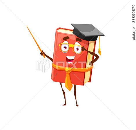 Funny cartoon kids textbook in tie, mortarboard hat, glasses and pointer isolated book character emoticon. Vector knowledge and wisdom emoji book with excited expression. Learning and education kawaii Funny cartoon kids textbook in tie, mortarboard hat, glasses and pointer isolated book character emoticon. Vector knowledge and wisdom emoji book with excited expression. Learning and education kawaii 83390870