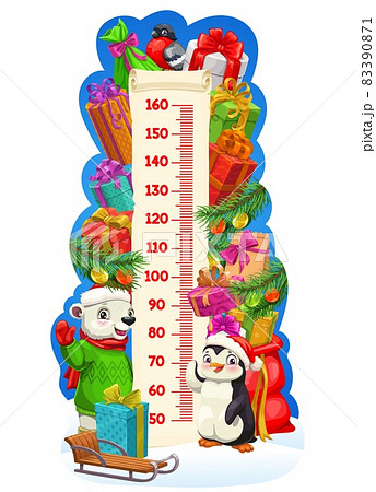 Christmas cartoon animals and gifts, kids height chart. Vector children growth measure meter with ruler scale, Xmas presents, cute funny bear and penguin, ribbon bows, Santa gift bag and sledge Christmas cartoon animals and gifts, kids height chart. Vector children growth measure meter with ruler scale, Xmas presents, cute funny bear and penguin, ribbon bows, Santa gift bag and sledge 83390871