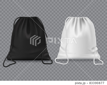 Drawstring bags, sport or school clothes and shoes backpack, vector mockup. Realistic black and white drawstring bag or pouch pack with ropes, knapsack with cords for gym or casual travel 83390877