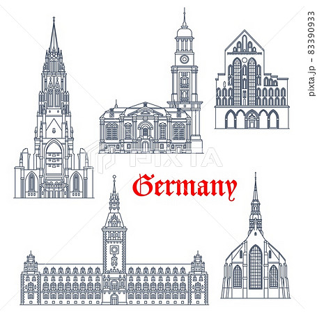 Germany travel landmarks and architecture buildings of Hamburg and Lubeck, vector. German architecture of St Catherine Church, Michael and Nicholas church in Lubeck, Rathaus city hall of Hamburg 83390933