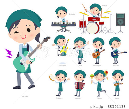 ロックンロールやポップミュージックを演奏するスーパーマーケット店員女性のセットのイラスト素材