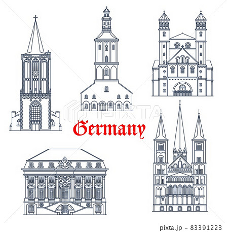 Germany travel landmarks and architecture buildings of Cologne and Bonn, vector. German architecture of St Ursula and Severin basilica, Saint Pantaleon Church, Bonn Minster or Bonner Munster cathedral 83391223