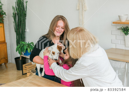 Happy granddaughter and grandmother and daughter having fun with jack russell terrier dog. Grandma hugs grandchild at home. Relationship, family and three generation concept. 83392584