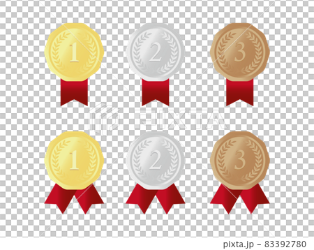 Gold, silver and bronze ranking medal set with red ribbon and laurel wreath 83392780