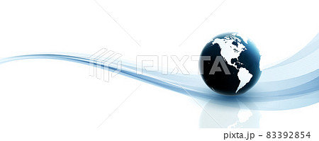 白い背景に、アメリカ大陸を中心とした地球と曲線の未来的イメージ。 83392854