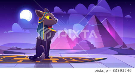 Egyptian goddess Bastet in desert with pyramids 83393546