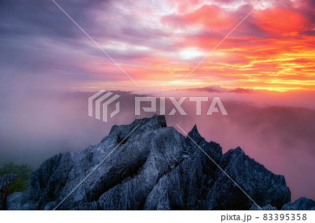 Rock of morning scenery with fog. Pang Puay. 83395358