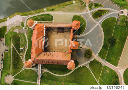 View from the height of the Mir Castle in Belarus and the park on a summer day.Belarus 83396261
