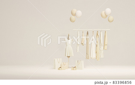 Clothes on a hanger surrounding by shopping bag and gift on pastel background. Collection of clothes hanging on a rack in neutral beige colors. 3d rendering, store and sale concept Clothes on a hanger surrounding by shopping bag and gift on pastel background. Collection of clothes hanging on a rack in neutral beige colors. 3d rendering, store and sale concept 83396856
