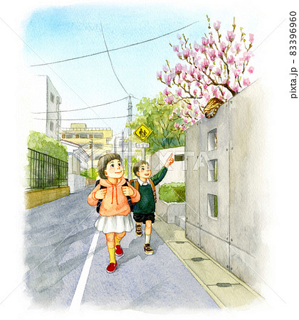 春の通学路のイラスト素材