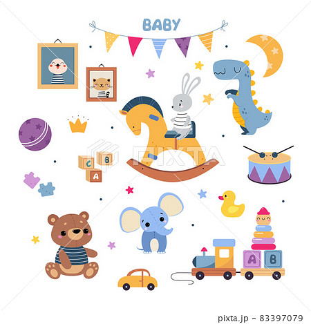 Colorful Kids Toys with Rocking Horse, Stuffed Teddy Bear and Train Vector Set 83397079