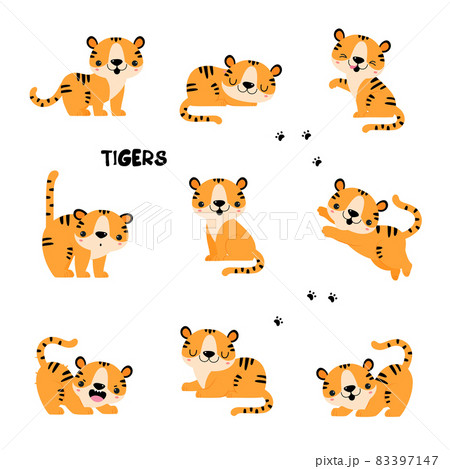Cute Little Striped Tiger Cub with Orange Fur in Different Pose Vector Set Cute Little Striped Tiger Cub with Orange Fur in Different Pose Vector Set 83397147