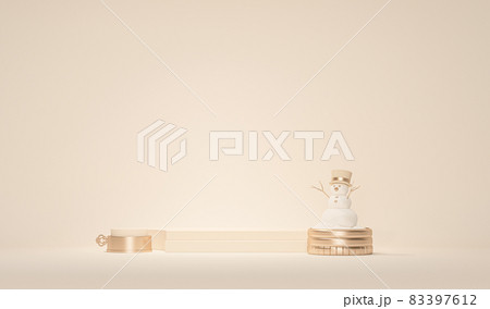 Minimal scene with snowman and golden, pastel background. Podium, stand for christmas holiday winter concept and poster, banner, cover card, brochure, studio, mockup. 3d render	 83397612