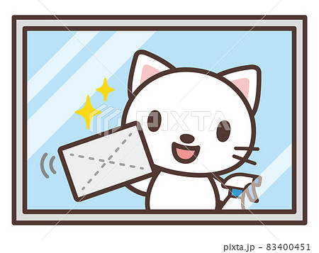 窓を拭く猫のかわいいキャラクター　 83400451