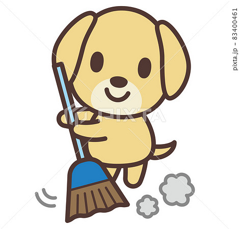 ほうきで掃除する犬のかわいいキャラクターのイラスト素材
