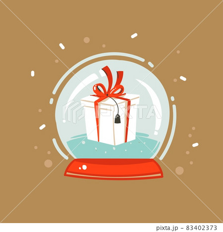 Hand drawn vector abstract fun Merry Christmas and Happy New Year time cartoon illustration greeting card with xmas surprise gift box in snow globe sphere isolated on brown background 83402373