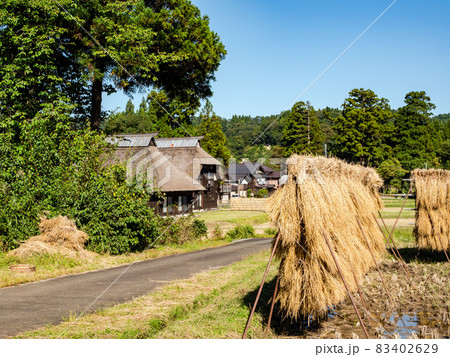 懐かしい日本の原風景　かやぶき集落の景色 83402629