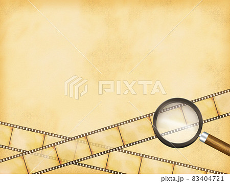 虫眼鏡と 斜めにフィルムが飾られたレトロフレーム セピア のイラスト素材