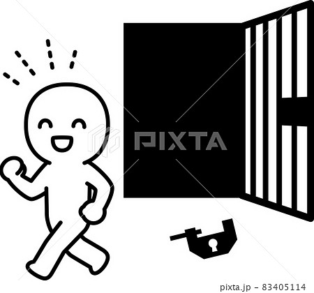 鍵が開いた牢屋から脱出する人物のイラスト素材