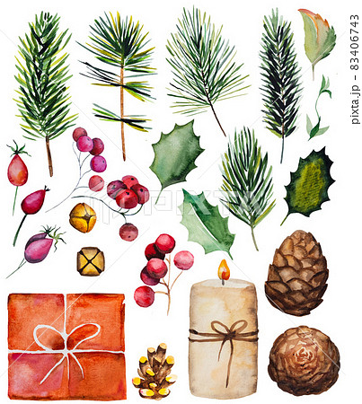 Winter Christmas Watercolors set with fir tree branches, berries, pine cones, present and candle 83406743