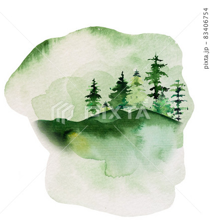 Winter Christmas Watercolor with green coniferous trees landscape 83406754