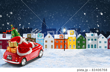 Christmas greeting card. Santa Claus driving red car with gift boxes and Christmas tree in the night christmas city 83406768