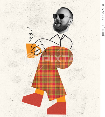 Contemporary art collage of smiling handsome man with drawn body element in stylish sunglasses drinking hot tea 83407518