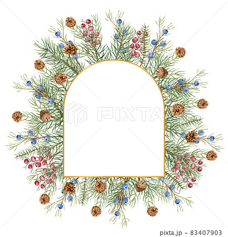 Christmas winter illustration. Arch-shaped frame with watercolor spruce twigs, cones, blue and red berries Christmas winter illustration. Arch-shaped frame with watercolor spruce twigs, cones, blue and red berries 83407903