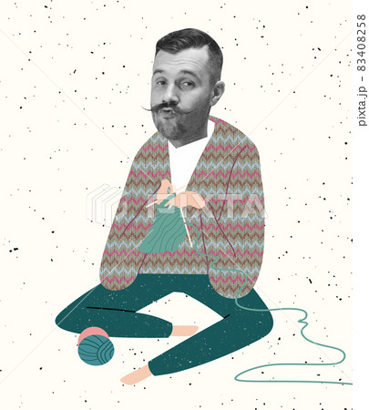Contemporary art collage of cute man with drawn body element kniting sweater Contemporary art collage of cute man with drawn body element kniting sweater 83408258