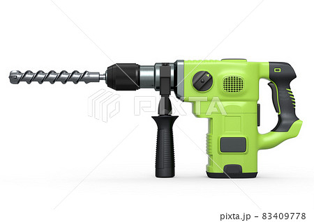Electric drill with cord and attached metal bit, tool for repair on white 83409778