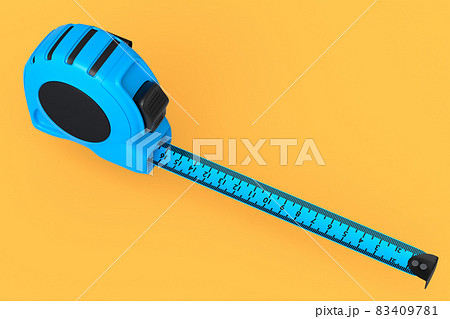 Blue carpenter measuring tape isolated on yellow with imperial units scale. 83409781