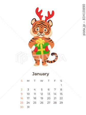 cartoon tiger January 2022 calendar A4 format template 83410890