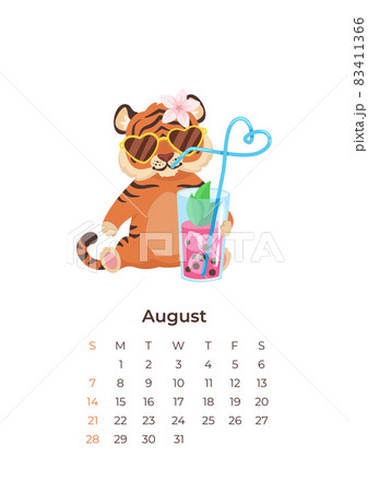 cartoon tiger August 2022 calendar A4 format template. 83411366