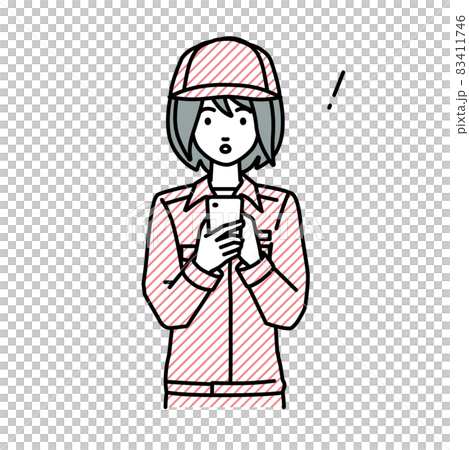 立ってスマートフォンを操作して何かに気づいて驚いた作業員の女性 83411746